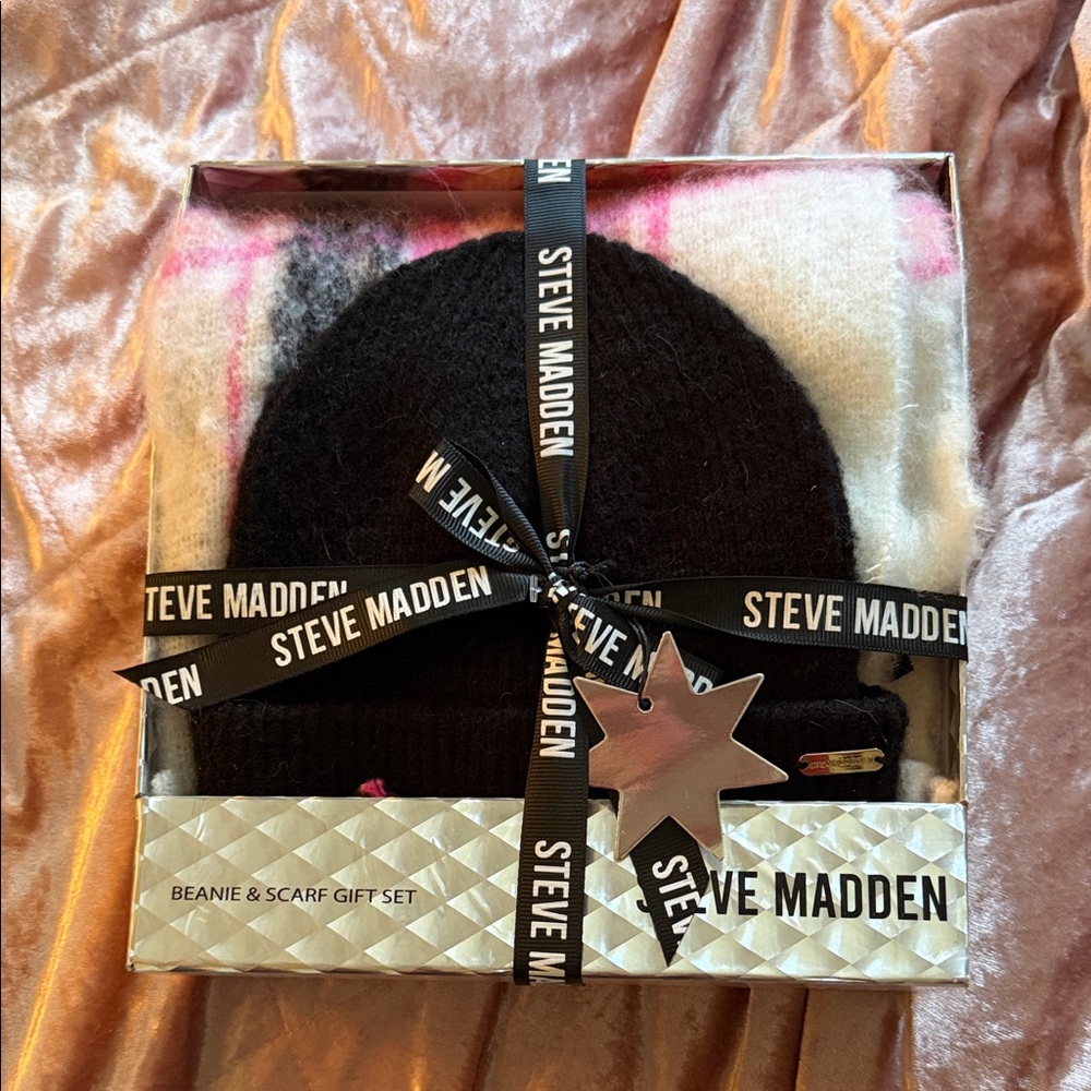 Steve Madden Black and Pink Beanie & Scarf Gift Set
